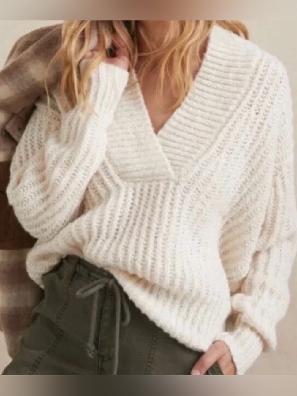 Anthropologie Pilcro Cream Chunky Knit V-Neck Sweater Joyce XL $148
